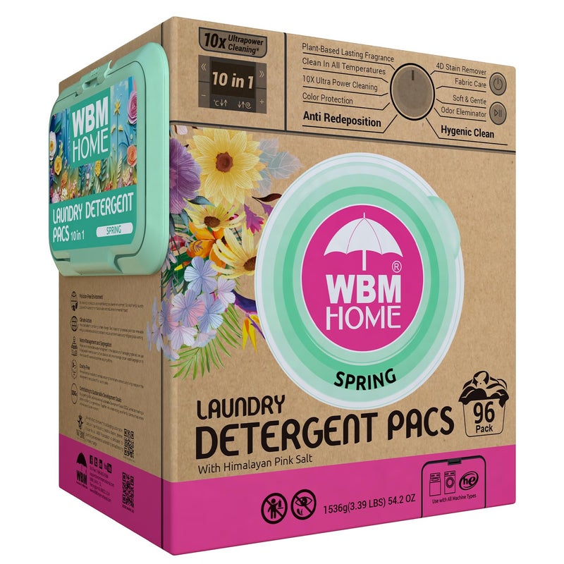 WBM Home Laundry Detergent Pods, Spring Fragrance Scent, 96 Count - HE Concentrated Laundry Pods With 10x Ultrapower Cleaning and 4D Laundry Stain Remover - Image 1
